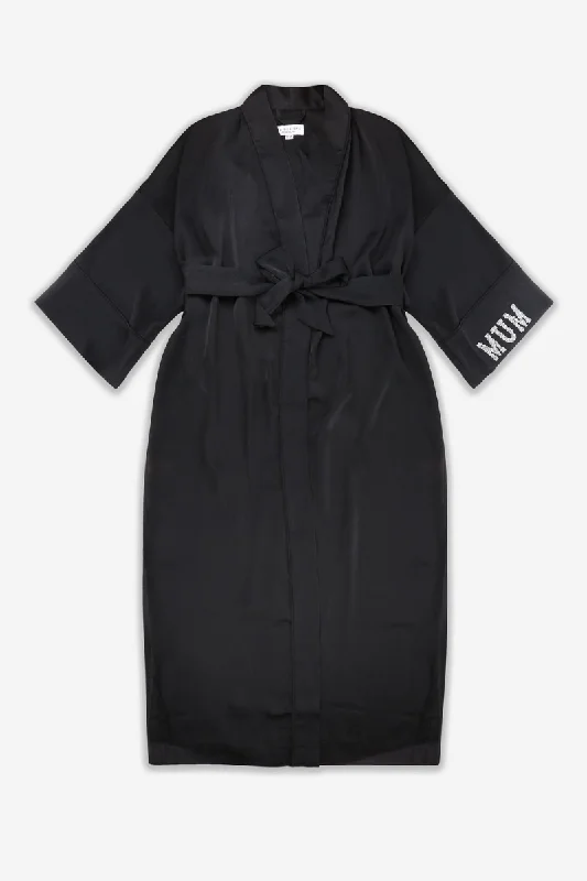 Personalised Luxury Satin Long Kimono Robe With Initial Letter Embellishment - Black