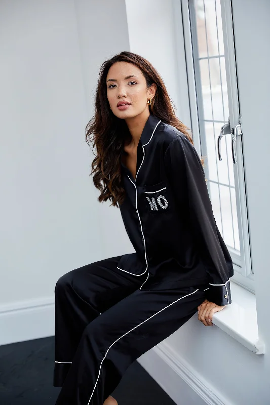 Personalised New Luxury Satin Long Sleeve Pyjama Set With White Piping And Initial Letter Embellishment - Black / White