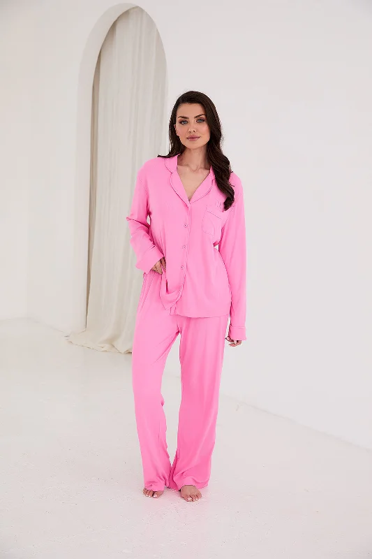 Personalised Ribbed Long Sleeve Pyjama Set - Pink