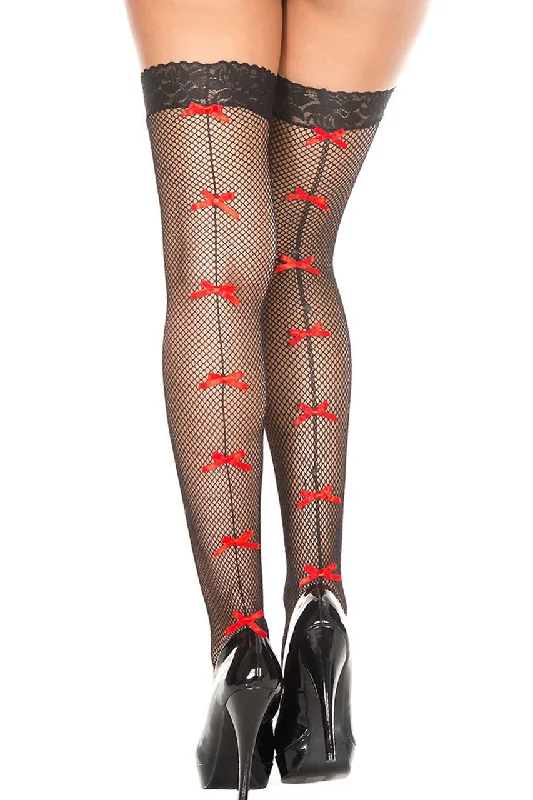 Black Fishnet Thigh Highs with Red Bow Backseams