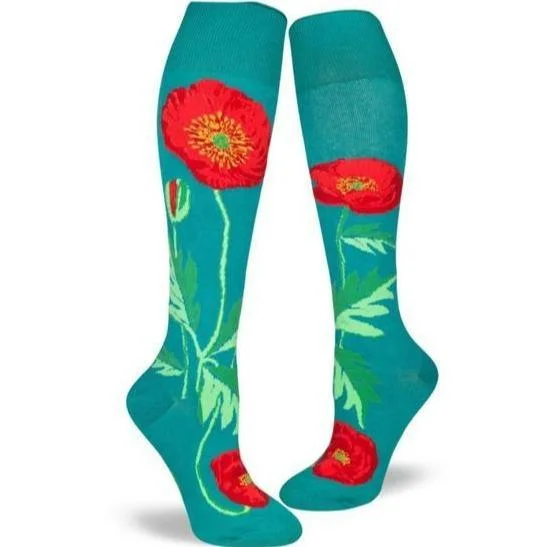 Bold Poppies Flower Socks Teal Women's Knee High Sock