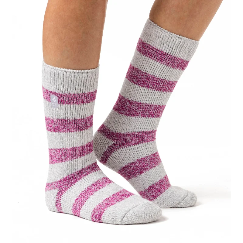 Ladies Original Tuscany Chunky Stripe Socks - Light Grey & Berry