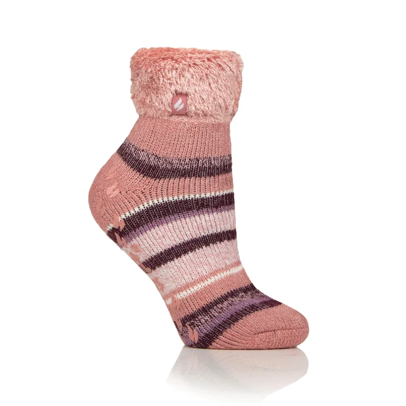 Ladies Original Carina Stripe Lounge Socks with Turnover Top - Muted Pink & Cabernet