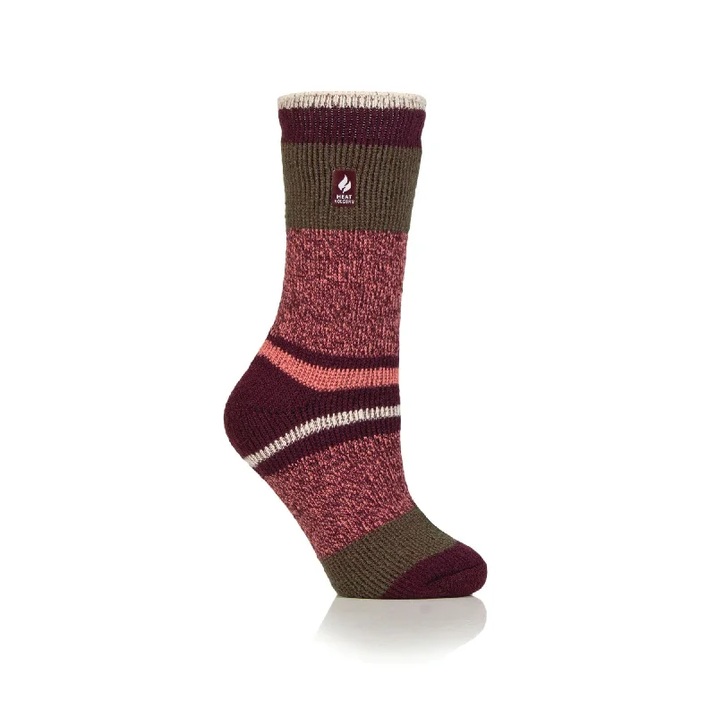 Ladies Original Nia Block Mix Stripe Socks - Cabernet, Coral & Khaki