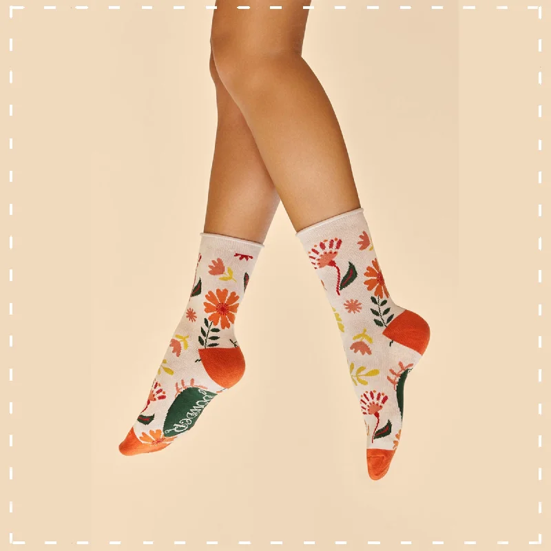 Powder Ankle Sock - Watercolour Flowers in Cream 14348