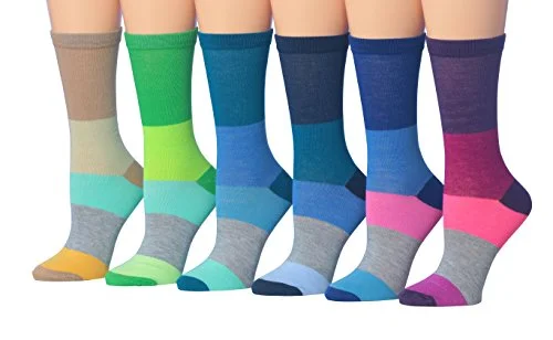 Tipi Toe Women's 6-Pairs Stripe Colorblock Colorful Fashion Crew Dress Socks, (sock size 9-11) Fits shoe size 5-9, WC43-B