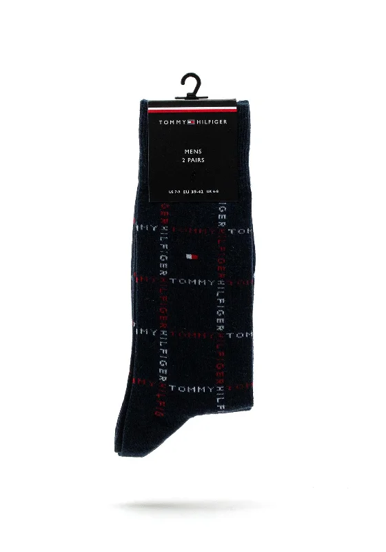 Tommy Hilfiger Mens 2 Pack Logo Check Socks, Navy