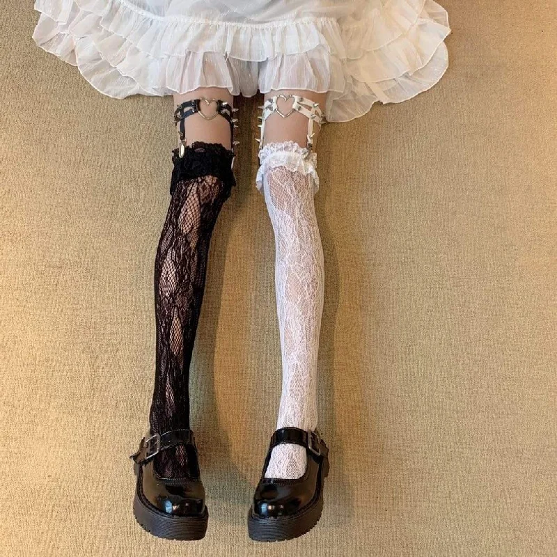 Women's Harajuku Sheer Mess Stocks With Heart Rivets Single Garters