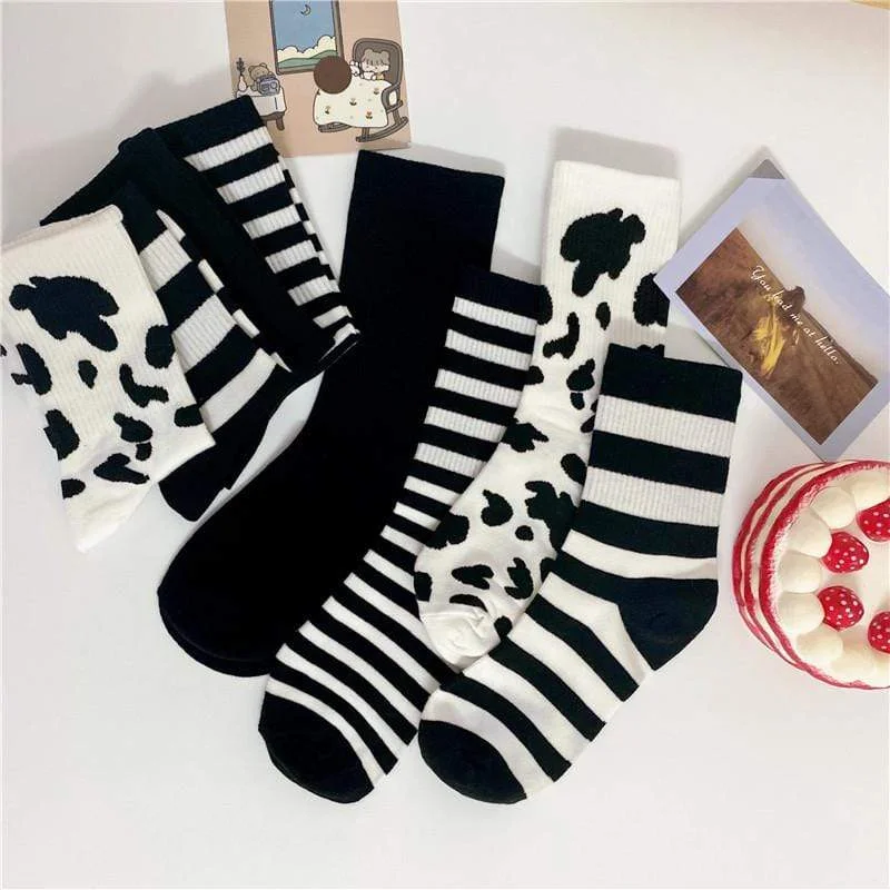 Women's Kawaii Contrast Color Striped And Spotted Stockings Cow Spots(set of 4)