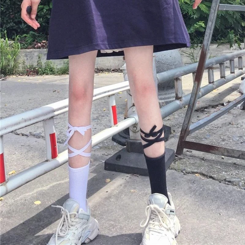 Women's Lolita Cross Lace-up Solid Color Socks